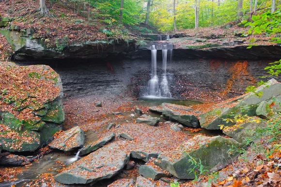 Water falls from a rim of gray rock, trees in the background; orange leaves dot the rocky hollow.